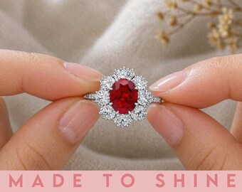 Ruby Gemstone Halo Ring 8x10mm 3.20CT Oval Cut Silver Plated Ring with Accent Diamond Cluster Statement Engagement Ring Gift for Her