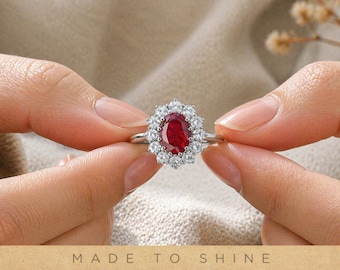 Ruby Gemstone Ring with Accent Halo Diamond Sterling Silver Ring | 7x10mm Oval Ruby | 3CT Statement Engagement Ring | Vintage Style Jewelry