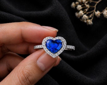 Blue Sapphire Heart Ring Halo Diamond Accent Silver Ring 9mm 3.20CT Engagement Ring Women Statement Jewelry Gift, engagement ring for her
