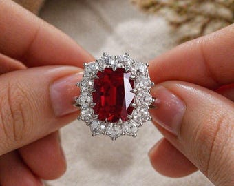 Ruby Gemstone Halo Ring 10x14mm 6CT | Silver Ring with Accent Diamond Halo | Statement Engagement Ring | Vintage Style Jewelry Gift for Her
