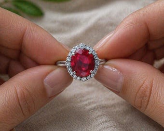 Ruby Gemstone Ring 9x11mm 3.50CT Halo Diamond Accent Sterling Silver Ring | Oval Ruby Engagement Ring | Statement Jewelry Gift for Her