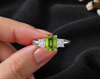 Peridot Gemstone Ring 7x9mm 2.67CT Emerald Cut Silver Ring with Accent Halo Diamond, Three Stone Engagement Ring, Minimalist Promise Ring