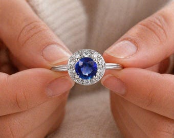 Blue Sapphire Gemstone Ring 7mm 2.80CT | Halo Diamond Accent Silver Ring | Engagement Ring | September Birthstone Jewelry | Minimal Luxury