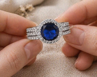 Blue Sapphire Gemstone Ring 3.10CT 8mm Round Cut Halo Diamond Accent Silver Ring Vintage Style Engagement Ring Gift for Her