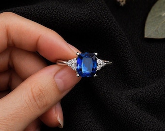 Blue Sapphire Gemstone Ring,  7x9mm 2.80CT Silver Ring with Accent Halo Diamond Cushion Cut Engagement Ring Gift for Her, Blue Sapphire ring