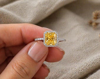 Yellow Sapphire Halo Ring 3.20CT Emerald Cut Gemstone with Diamond Accent Silver Ring Elegant Engagement Statement Jewelry