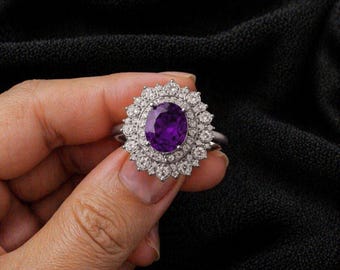 Natural Amethyst Gemstone Ring 3CT Oval 7x9mm Halo Diamond Accent 925 Silver Vintage Style Engagement Ring