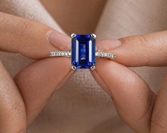 Blue Sapphire Gemstone Ring 7x10mm 3.20CT | Halo Diamond Accent Silver Ring | Emerald Cut Sapphire Engagement Ring | Promise Ring Gift for