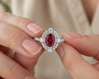Ruby Gemstone Ring 7x9mm Oval Halo Diamond Accent Silver Ring Vintage Style Engagement Ring Statement Jewelry Gift for Her 2.50CT