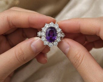 Natural Amethyst Gemstone Ring 7x10mm 3.40CT | Halo Diamond Accent Silver Ring | Vintage Style Purple Statement Ring | Engagement Gifts