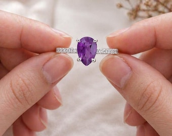 Amethyst Gemstone Ring 3.20CT Pear Cut 7x10mm Halo Diamond Accent Silver Ring, Purple Stone Engagement Ring, Gift for Her, rings