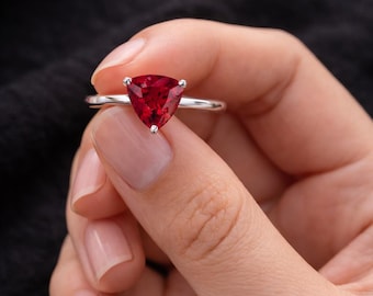 Ruby Gemstone Ring 3.10CT Trillion Cut 8x8mm Sterling Silver Ring Minimalist Engagement Ring Handmade Jewelry Gift for Her Anniversary ring