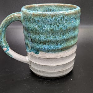 Handmade drippy glaze green ribbed mugs