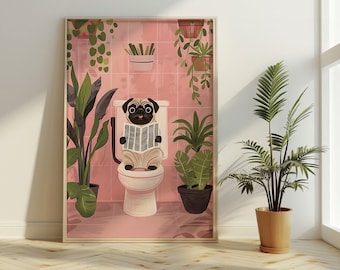 Vintage söt mops rosa badrumstryck: Rolig hund som läser tidning / växter (digital nedladdning)