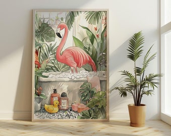 Flamingo in Bathtub Print: Tropical Summer Bathroom Wall Art (Digital Download)