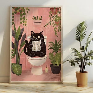 Badezimmer Katze lesen Zeitungsdruck für Toilette Wand Kunst Druck Vintage Katze Druck Maximalist Wand Kunst Badezimmer Dekor Wand Kunst Toilette Poster