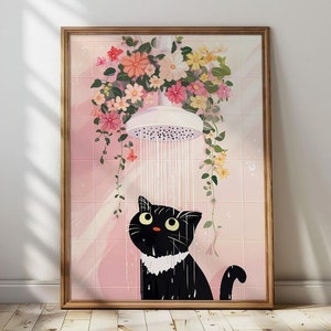 Badezimmer-süße schwarze Tuxedo-Katze unter der Kopfdusche mit Blumen-Toiletten-Wand-Kunstdruck-Druck-Vintage Maximalist-Wandkunst-Badezimmerdekor-Toiletten-Plakat