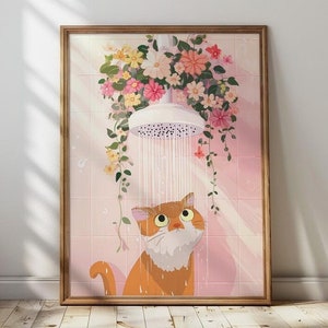 Badezimmer süße orange Ingwer Katze unter der Dusche mit Blumen Toilette Wand Kunst Druck Vintage Maximalist Wand Kunst Badezimmer Dekor Toilette Poster