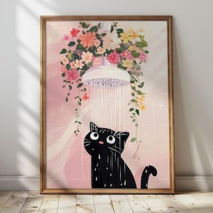 Schwarze Katze unter der Dusche mit Blumen Toilette Wand Kunst Druck Vintage Maximalist Badezimmer Dekor Toilette Poster