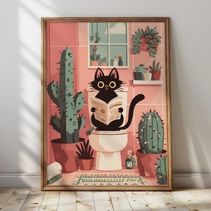 Gato de banheiro lendo jornal impressão para banheiro arte de parede impressão vintage impressão de gato maximalista arte de parede decoração de banheiro arte de parede pôster de banheiro