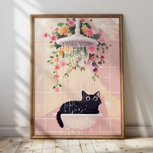 Schwarze Katze unter der Dusche mit Blumen Toilette Wand Kunst Druck Vintage Maximalist Badezimmer Dekor Toilette Poster