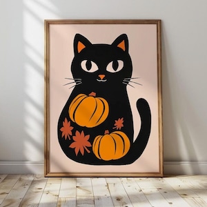 Katze Boho Herbst Herbst Minimalistischer abstrakter Druck für Zuhause Wand Kunst Druck Vintage Schwarze Katze Druck Maximalist Thanksgiving Dekor Süßes Poster