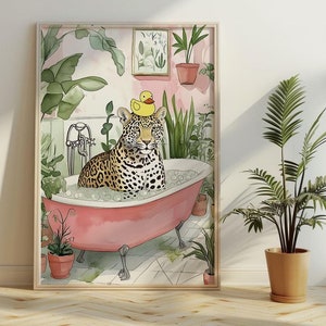 Badezimmer Leopard Badeente in der Badewanne Tropische pflanzen Für Toilette Wand Kunst Druck Vintage Aquarell Malerei Druck Maximalist Dekor Poster