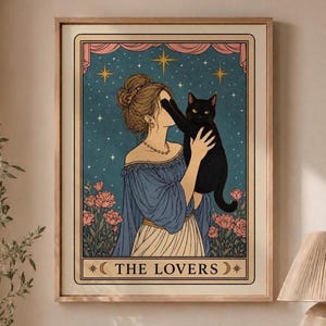 The Lover Tarot Cat Celestial Wall Art, Tarot Card Print, Vintage Mystical Decor, Nouveau Witchy , Celestial Feminine (Digital Download)