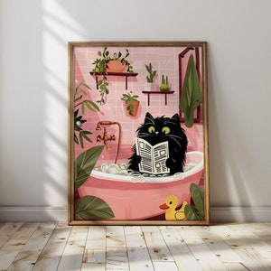 Badezimmer Katze lesen Zeitungsdruck für Toilette Wand Kunst Druck Vintage Katze Druck Maximalist Wand Kunst Badezimmer Dekor Wand Kunst Toilette Poster