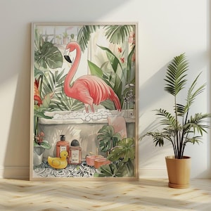 Flamingo in der Badewanne Tropische pflanzen Für Toilette Wand Kunst Druck Vintage Aquarell Malerei Druck Maximalist Badezimmer dekor Poster