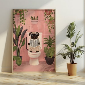 Impressão de jornal para banheiro, cachorro fofo pug lendo jornal para banheiro, arte de parede, impressão vintage, cachorro, decoração maximalista para banheiro, arte de parede, pôster para banheiro
