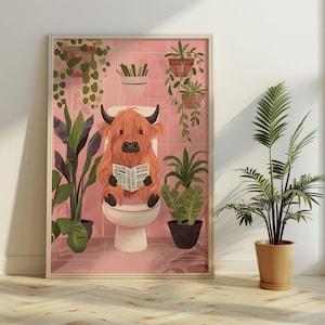 Bathroom Cute Highland Cow Reading Newspaper Print For Toilet Wall Art Print Vintage Maximalist Bathroom decor Wall Art Toilet Poster
