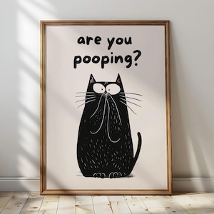 バスルーム猫「うんちしてる？」トイレの壁アート用ヴィンテージ猫プリントマキシマリストバスルーム装飾面白いポスター/デジタルダウンロード印刷可能