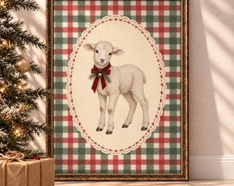 Christmas Lamb Printable Wall Art, Vintage Plaid Nursery Decor, Red Bow Sheep (Digital Download Printable)
