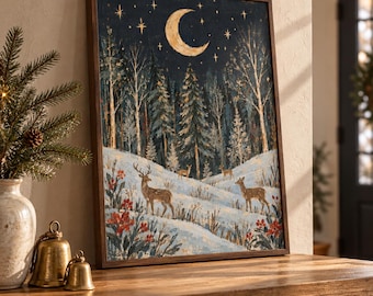 Moonlit Winter Forest Printable Wall Art, Deer and Crescent Moon, Vintage Woodland Christmas Decor (Digital Download Printable)