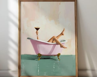 Baignoire sur pattes rose pour femme, impression d'art martini glam, impression d'art / peinture à l'huile vintage : Art mural de salle de bain (téléchargement numérique imprimable)