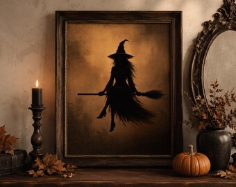 Witch Silhouette Wall Art, Dark Halloween Witch Print, Vintage Broomstick Poster, Moody Gothic (Digital Download)