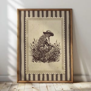 Vintage Cowgirl Pee Wildflower Wall Art – Funny Western Stamp Style Rustic Bathroom Decor (Digital Download Printable)