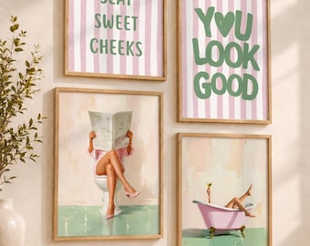 Funny Bathroom Wall Art 4 Set, Take a Seat Sweet Cheeks Print, You Look Good Poster, Pink Bathtub Decor, Bathroom Gallery (Digital Download)
