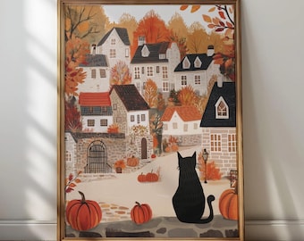 Whimsical Fall Town Black Cat Print: Cozy Autumn Farmhouse Wall Art Decor (Digital Download)