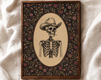 Skeleton Cowboy Wall Art, Vintage Western Skull Print, Gothic Floral Halloween Poster, Dark Cottagecore(Digital Download)