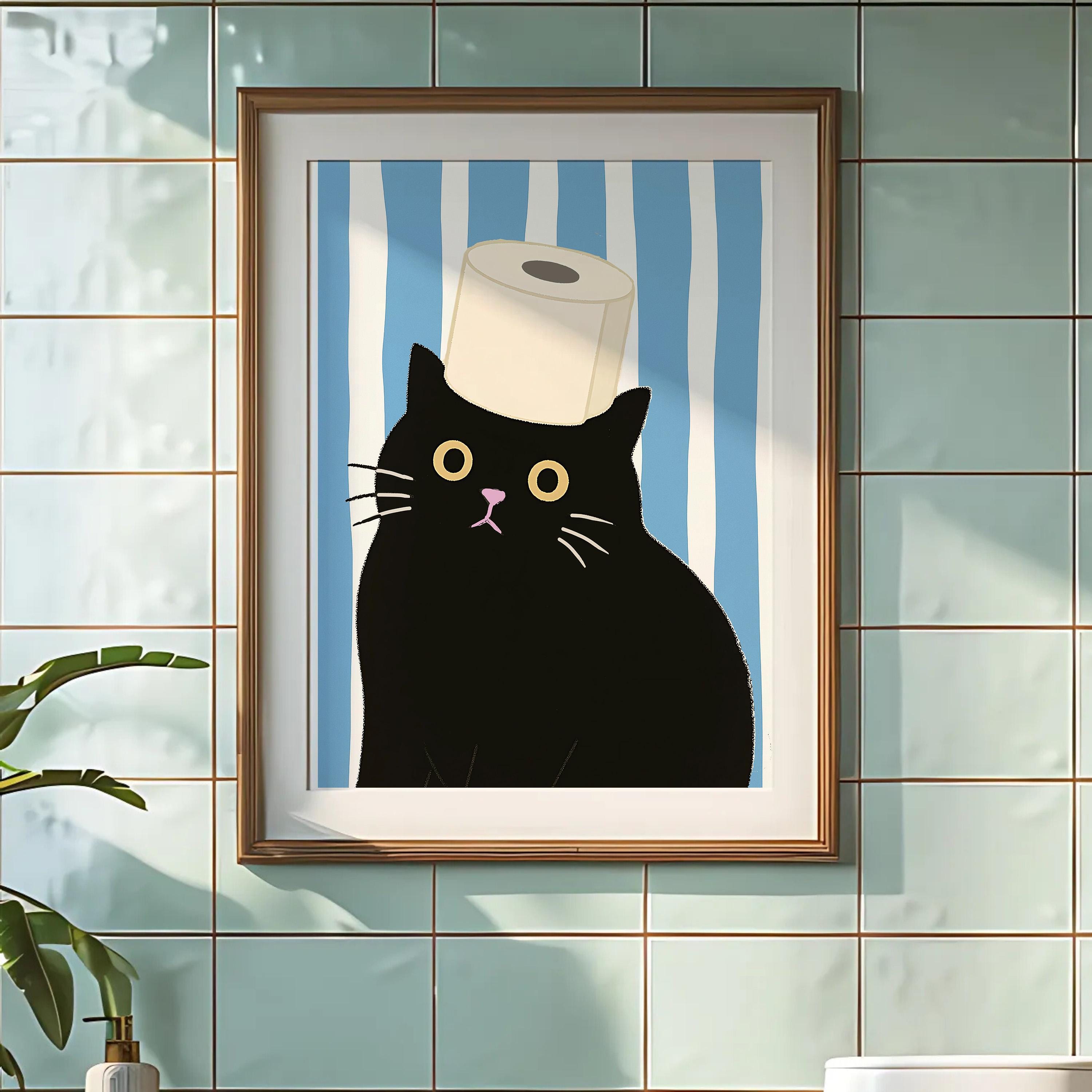 Funny Black Cat Toilet Paper Print: Minimalist Vintage Bathroom Wall ...