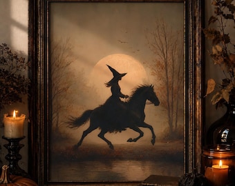 Witch Riding Horse Wall Art, Vintage Halloween Moon Print, Moody Autumn Poster, Dark Cottagecore (Digital Download)