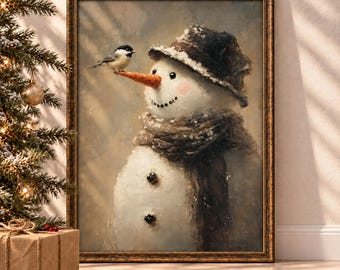 Snowman and Chickadee Christmas Wall Art, Vintage Winter Painting, Cozy Holiday (Digital Download Printable)