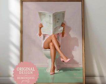 Women Reading Newspaper High Heel Trendy Print / Oil Painting Aesthetic Vintage :  Bathroom Wall Art (Digital Download)