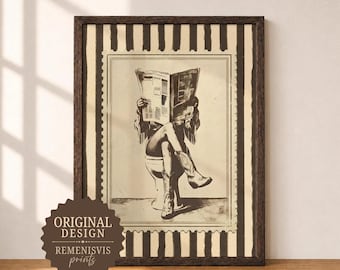 Western Cowgirl Reading Newspaper Trendy Stamp Print / Women Bathroom Wall Art (Digital Download Printable)