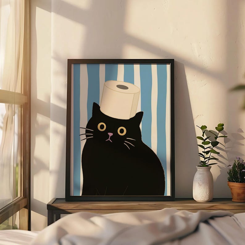 Funny Black Cat Toilet Paper Print: Minimalist Vintage Bathroom Wall ...