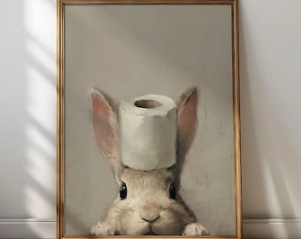Arte mural de papel higiénico con conejo asomando: divertida pintura al óleo vintage primaveral, impresión de Pascua para guardería o decoración de baño (descarga digital imprimible)