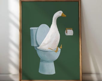 Funny Goose Sitting on Toilet Flush Toilet Print: Quirky Bathroom Wall Art (Digital Download)