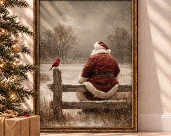 Santa and Cardinal Christmas Wall Art, Vintage Snowy Landscape Printable, Cozy Winter (Digital Download Printable)